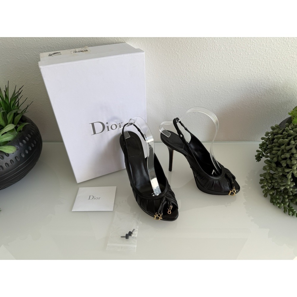Dior Gipsy Slingback Heels Black Calf Leather Peep Toe Gold Charms EU 38/ US 8